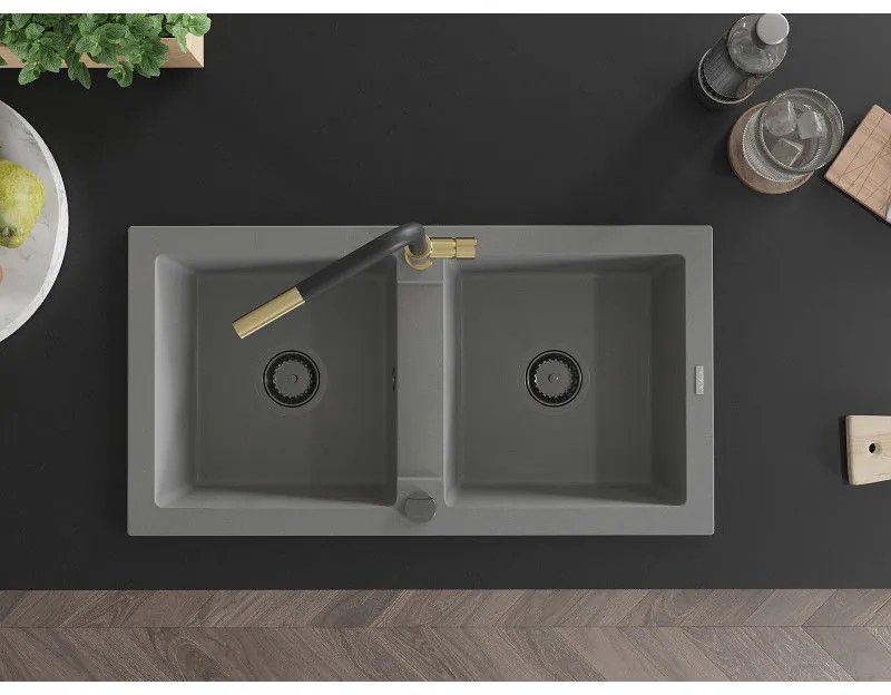 Mexen Mario, 2-komorový granitový drez 820x436x161 mm a drezová batéria Flora, šedá, 6504-71-670401-57-B