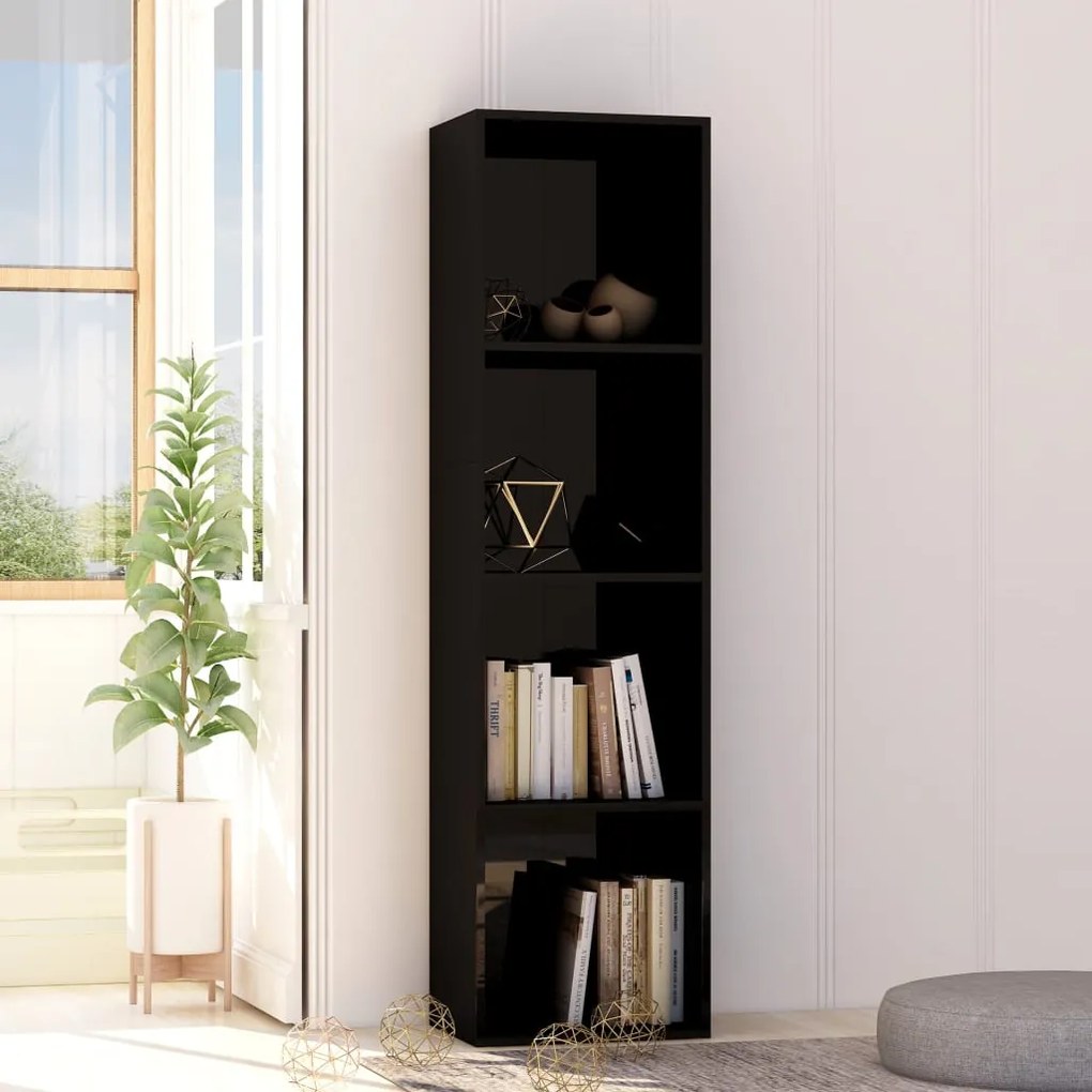 vidaXL Knižnica, lesklá čierna 40x30x151,5 cm, drevotrieska