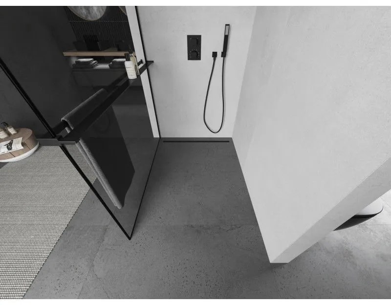 Mexen Kioto+, sprchová zástena s poličkou a držiakom na uteráky 100 x 200 cm, 8mm sklo číre sklo vzor čierny rám, čierny profil, 800-100-121-70-70