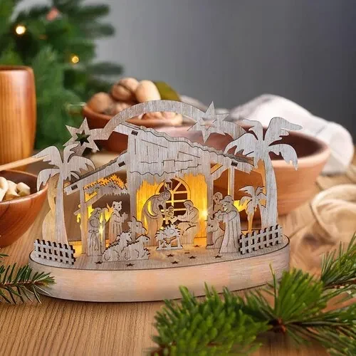 Solight Vianočný drevený podsvietený betlehem, 5x LED, 25 cm, 2x AA