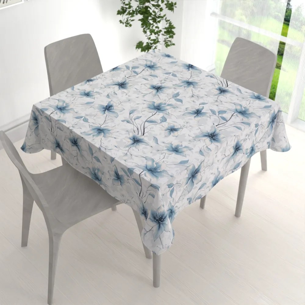 Biante Bavlnený štvorcový obrus Sandra SA-737 Modro-sivé kvety vanilky na bielom 150x150 cm