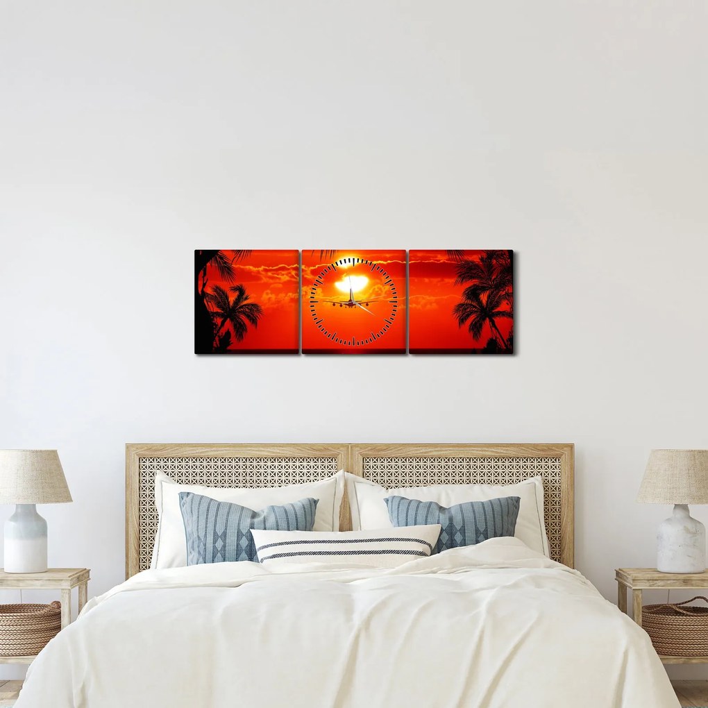 Obraz - západ slnka s lietadlom (s hodinami) (90x30 cm)