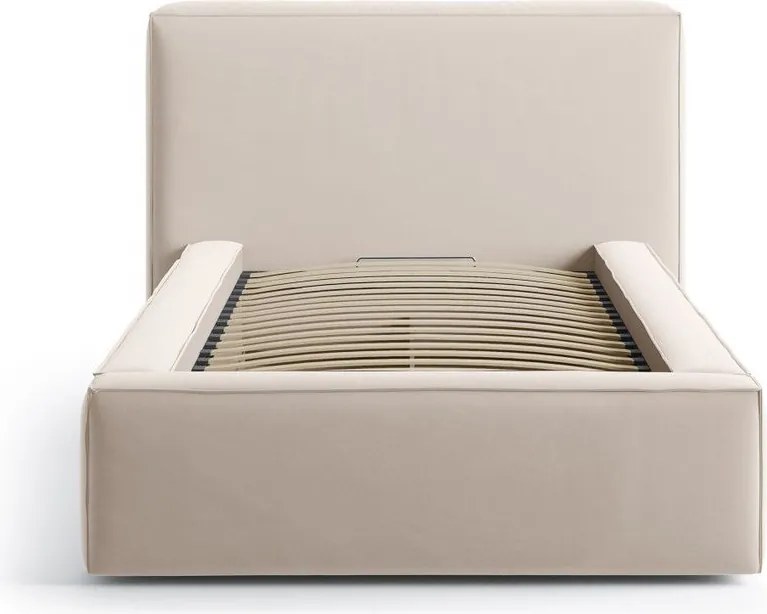 Béžová čalúnená jednolôžková posteľ s úložným priestorom s roštom 90x200 cm Jodie – Micadoni