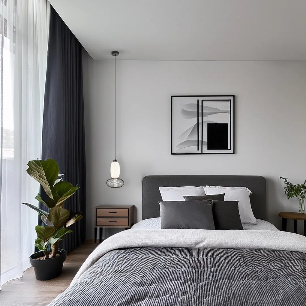 Závesné svietidlo Arame, 1x biele sklenené/čierne drôtené tienidlo, b