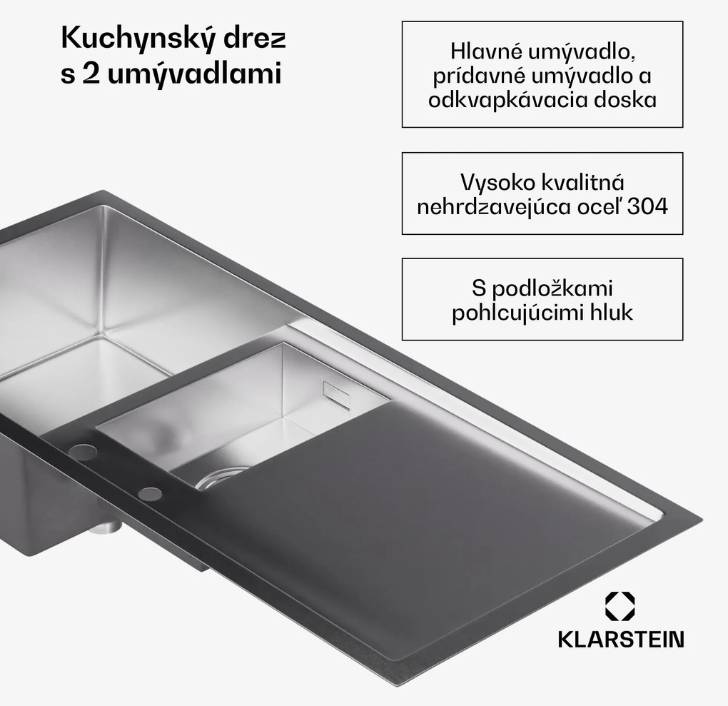 Klarstein TitanSteel kuchynský drez s odkvapkávačom, 100 x 45 cm, 2 umývadlá, nehrdzavejúca oceľ, odolný voči teplu