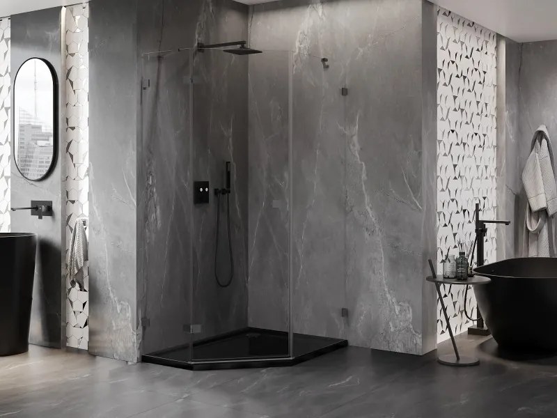 Mexen Lunar, päťuholníkový sprchový kút s výklopným ľavým oknom 80 x 100 cm, 8mm číre sklo, grafitový profil, 831-080L-100P-95-00-L
