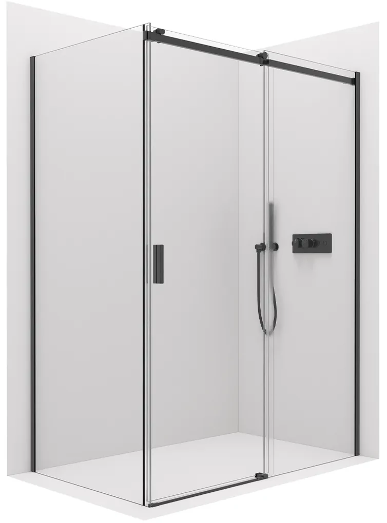 Cerano Santoro, sprchový kút s posuvnými dverami 110(dvere) x 70(stena) x 195 cm, 6mm číre sklo, čierny profil, CER-CER-431482