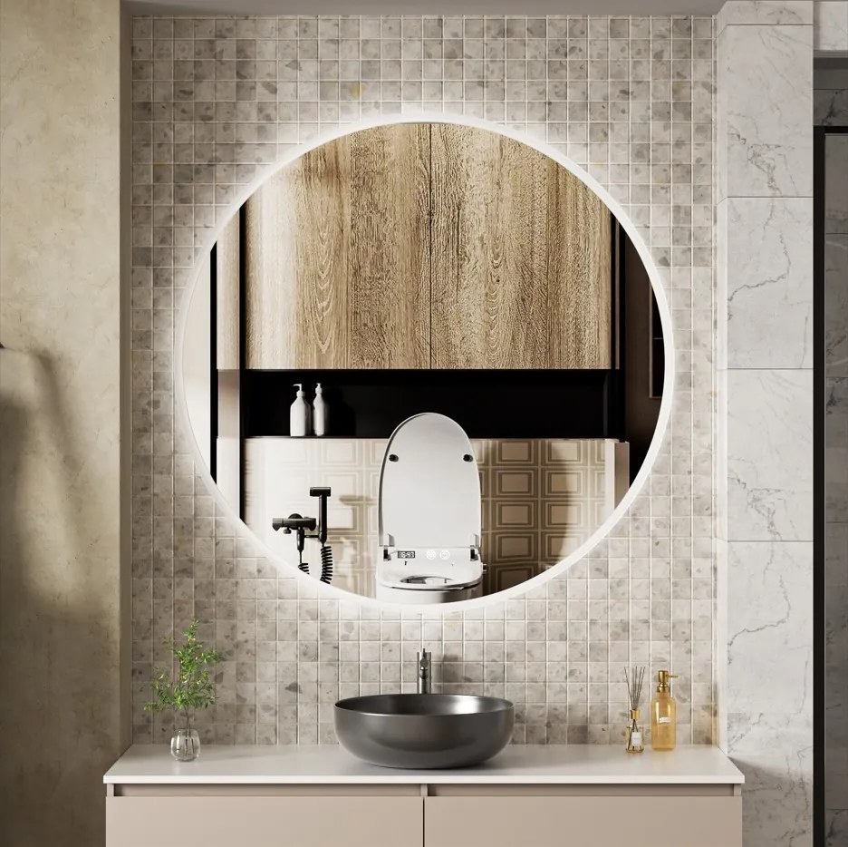 Erga Deam, okrúhle LED zrkadlo 120cm, 3 farby svetla, predné osvetlenie, vyhrievacia podložka proti zapareniu, ERG-V01-Deam-1212-CL