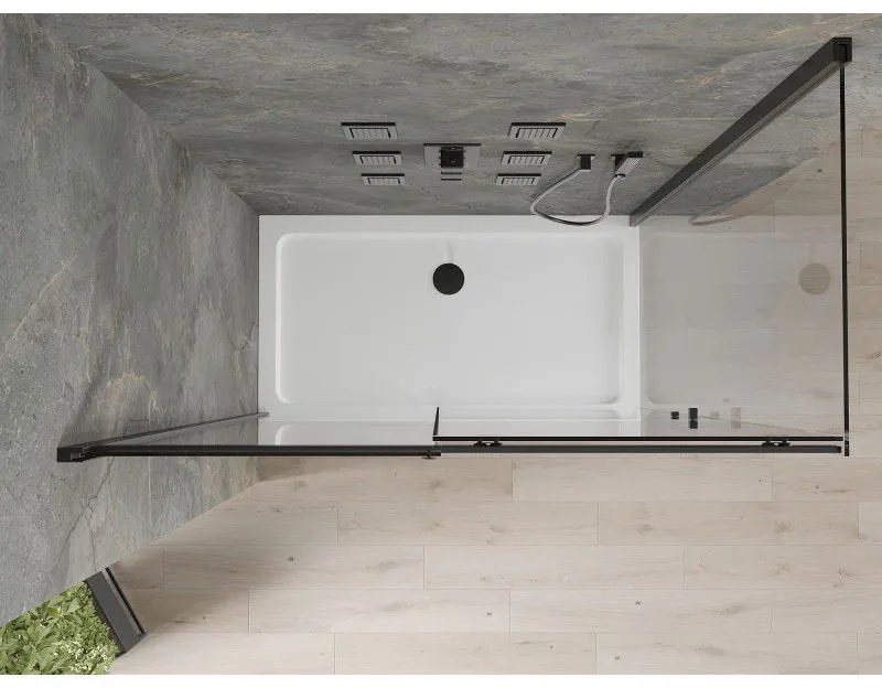 Mexen Omega, sprchovací kút s posuvnými dverami 140 (dvere) x 80 (stena) cm, 8mm číre sklo, čierny profil + slim sprchová vanička biela s čiernym sifónom, 825-140-080-70-00-4010B