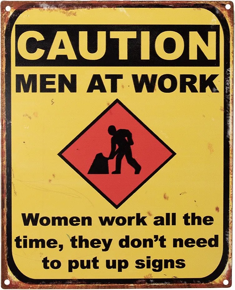 Žltá antik nástenná kovová ceduľa Caution, Men At Work - 20*1*25 cm