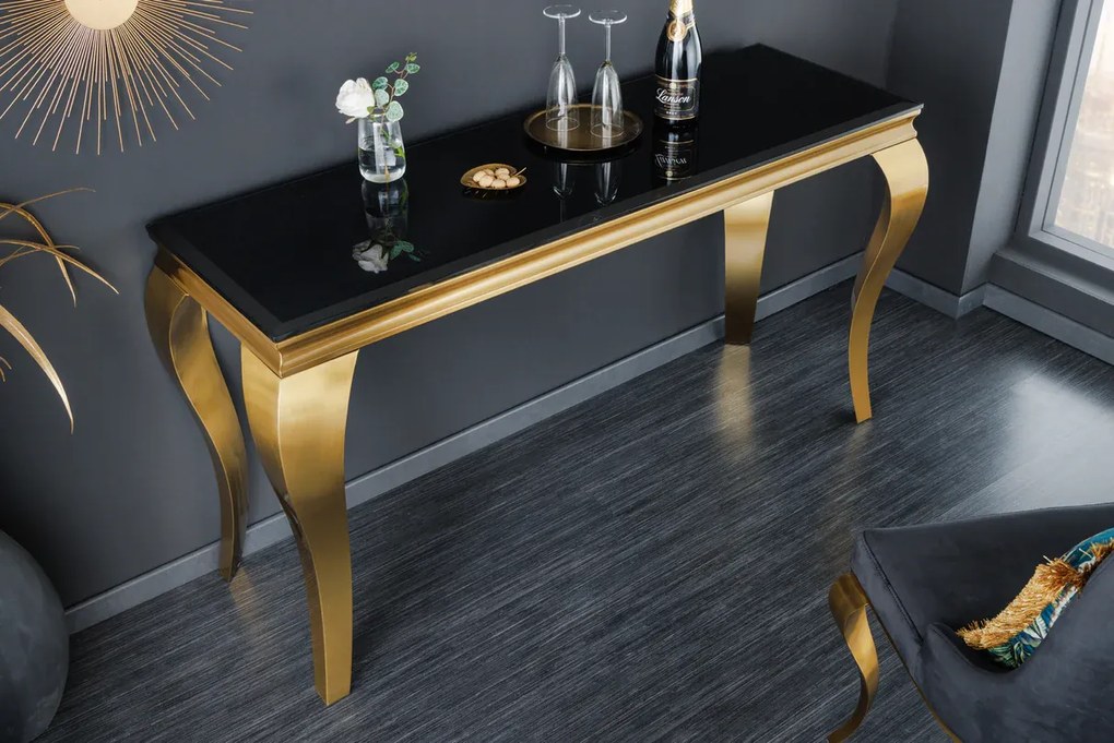 Konzola MODERN BAROCK 140cm tvrdené opálové sklo čierno-zlatá
