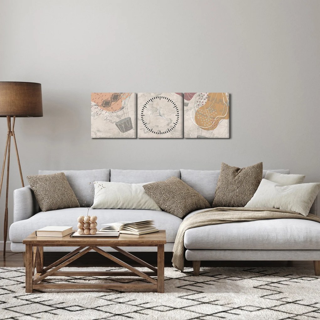 Obraz - Balóny nad mestom, teplé tóny (s hodinami) (90x30 cm)