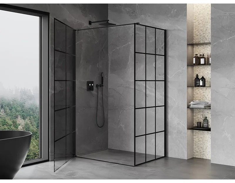 Mexen Mist-B, 1-krídlový výklopný sprchový kút ľavý 80 x 85 cm, číre sklo-čierna mriežka, 8A2T-080-085-70-77-L
