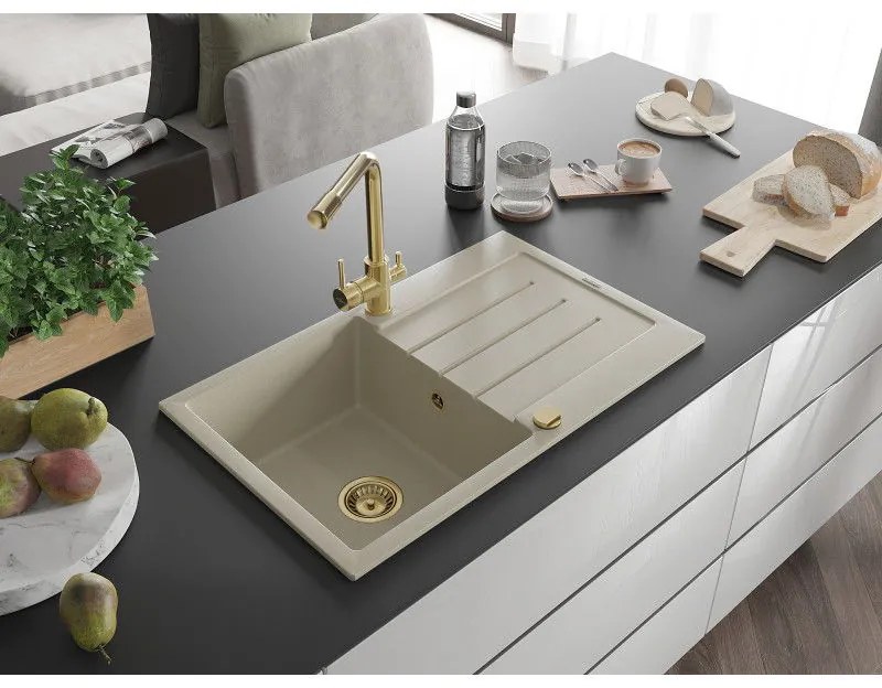 Mexen Bruno, 1-komorový granitový drez s odkvapkávačom 795x495x200 mm a zlatá batéria Duero, béžová, 6513-69-671600-50
