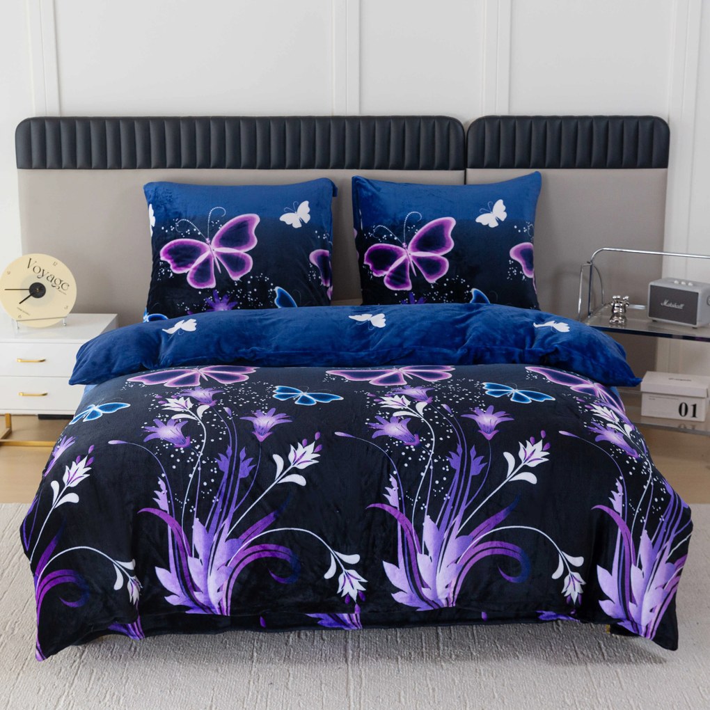 Obliečky mikroplyš VIOLET BUTTERFLY tmavomodré Rozmer obliečky: 2 ks 70 x 90 cm | 200 x 220 cm