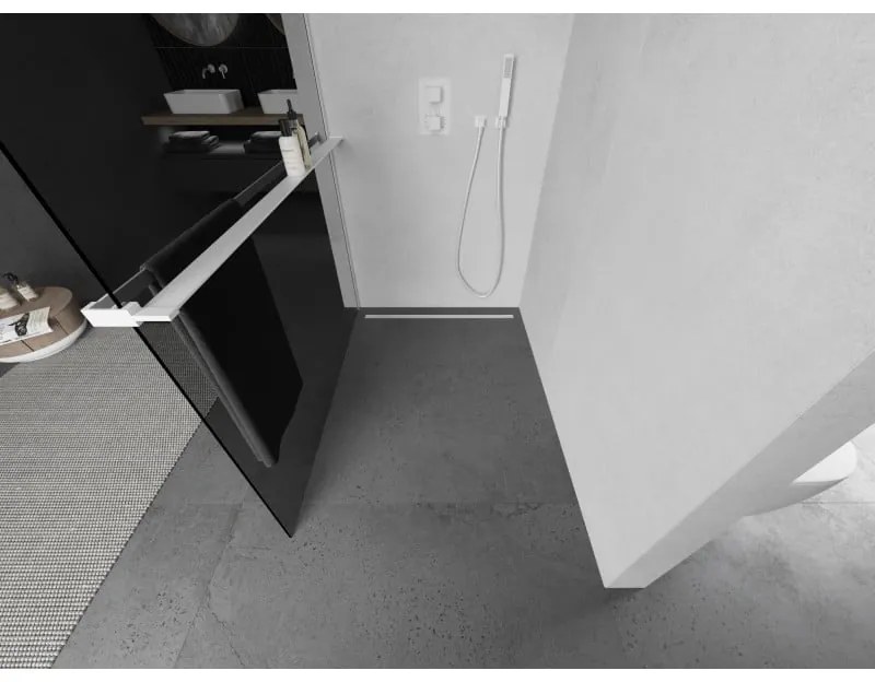 Mexen Kioto+, sprchová zástena Walk-In s poličkou a vešiakom 90 x 200 cm, 8mm šedé sklo, biely profil, 800-090-121-20-40