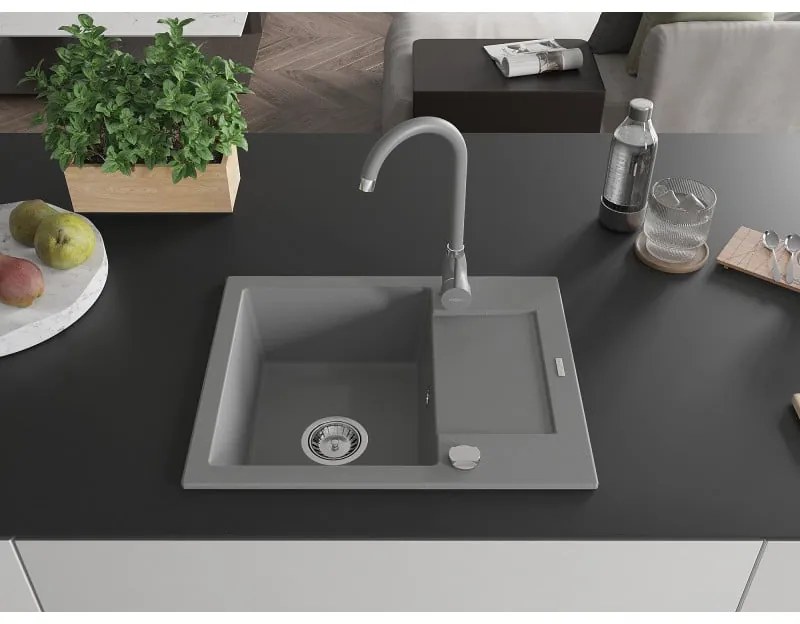 Mexen Enzo, 1-komorový granitový drez s odkvapkávačom 58x47 cm a kuchynskou batériou Telma, šedá, 6506-71-670200-71