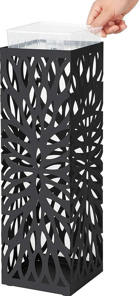 Kovový držiak na dáždniky s háčikmi a odkvapkávačom, čierny