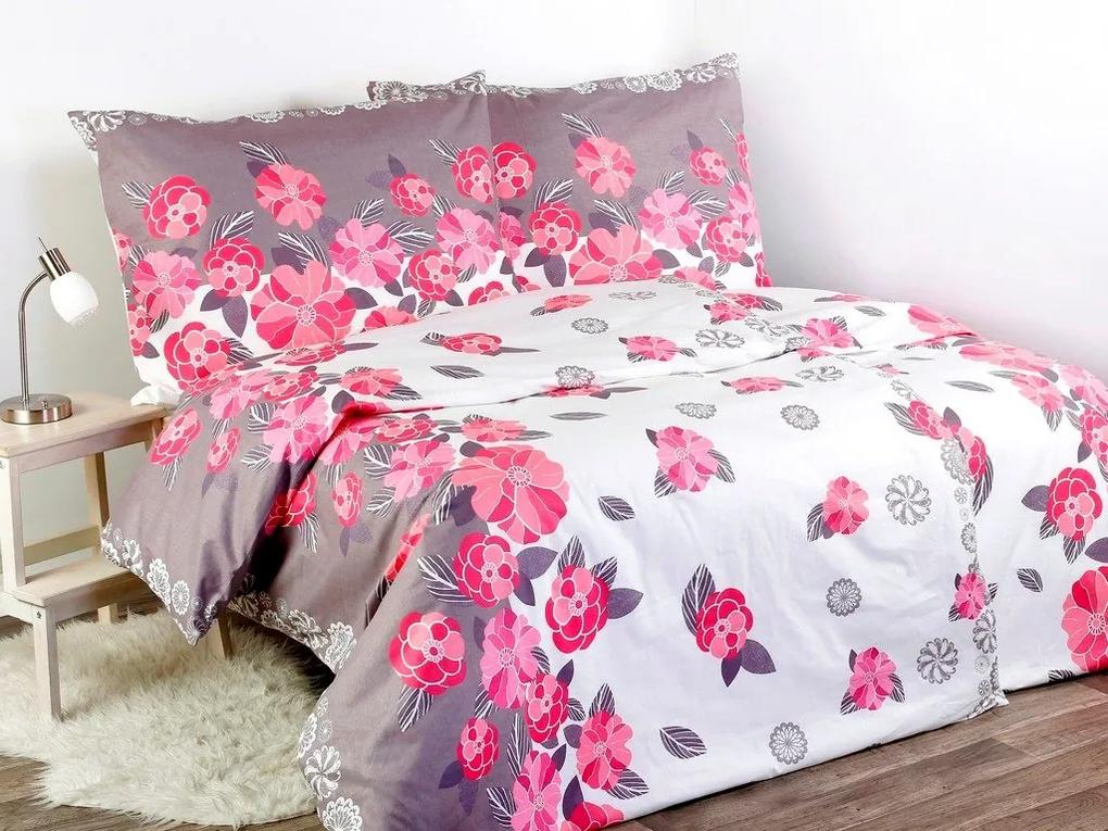 Škodák Bavlnené posteľné obliečky vzor B-436 Ružové kvety - Dvojlôžko francúzske 240 x 200 cm
