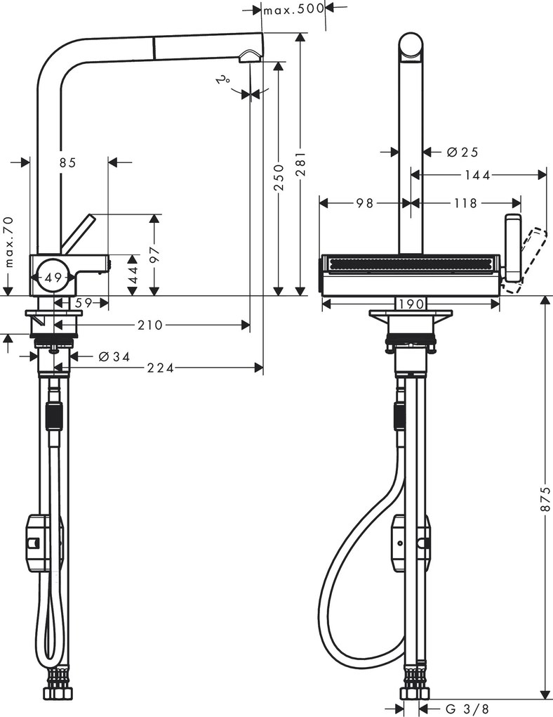Hansgrohe Aquno Select M81, páková kuchynská batéria 250, vyťahovateľný výtok, 2jet, čierna matná, HAN-73836670