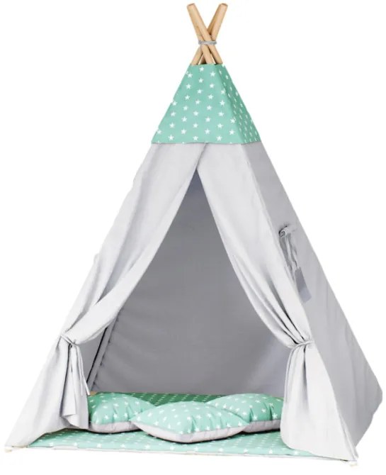 Detský stan Tipi hviezdy mäta / sivý