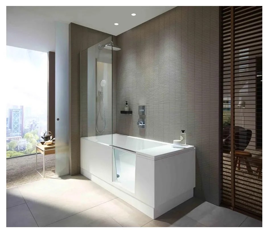 Duravit Shower + Bath - Vaňa so sprchovým kútom do pravého rohu rohu s panelom a nohami, 170x75 cm, zrkadlové sklo, D 700404000100000