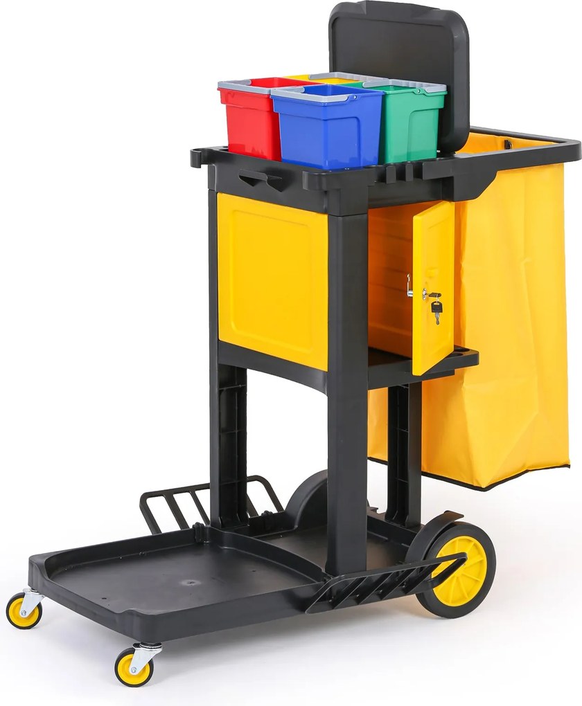 Profesionálny upratovací vozík so 4 vedrami, držiakmi mopov, skrinkou a vrecom s vekom, 1120 × 710 × 1100 mm