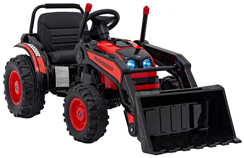 Červený detský elektrický traktorový bager 12V s diaľkovým ovládaním, pohyblivým ramenom a FM rádiom