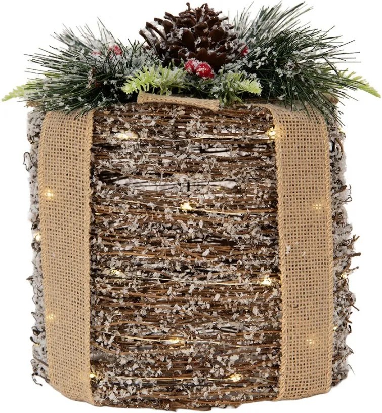 Vianočný zasnežený prútený darček s LED osvetlením M - Ø 20*25 cm / 3*AA