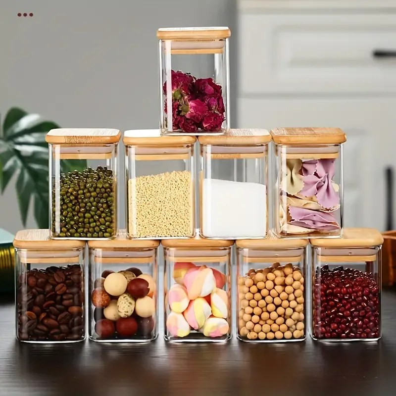 Sada 6ks koreničiek, sklenené hranaté s bambusovým viečkom, CUBE 6 x 225l