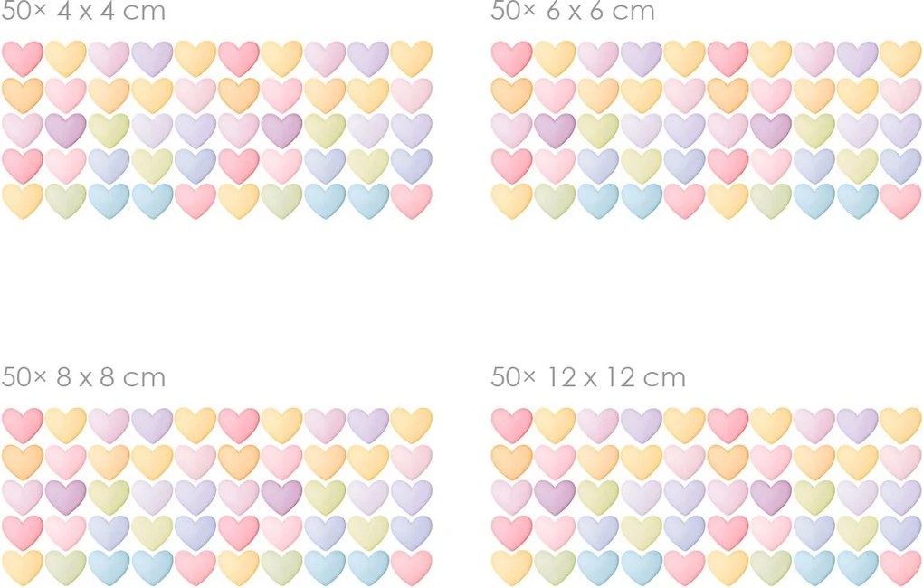 Akvarelové srdiečka v pastelových farbách 50 ks textilní prelepiteľné nálepky na stenu 50 ks 4x4 cm