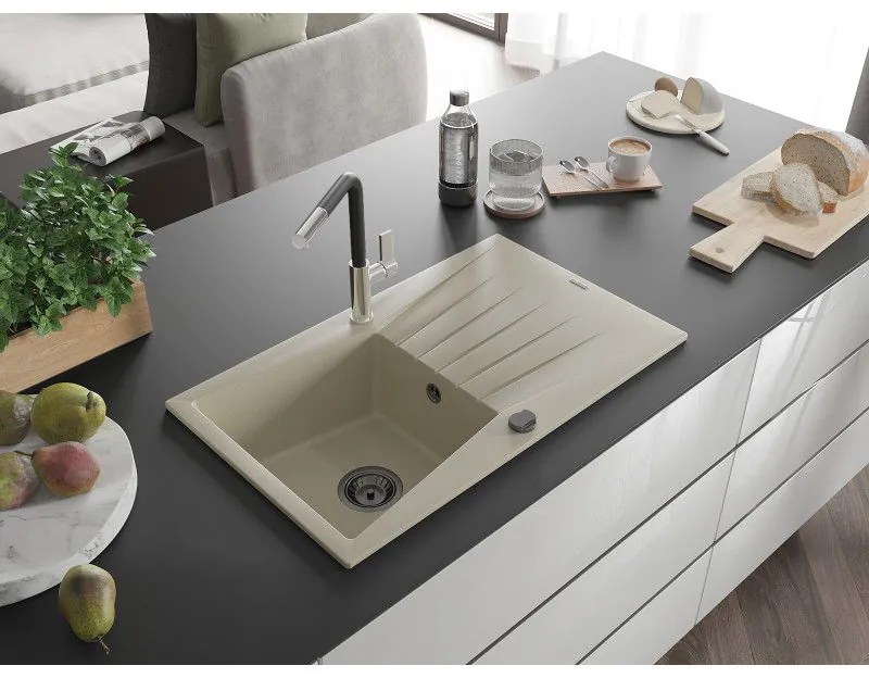 Mexen Cesar, 1-komorový granitový drez 775x470x190 mm a drezová batéria Flora, béžová, 6514-69-670401-07-B