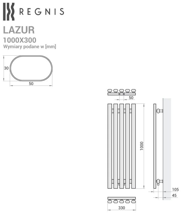 Regnis Lazur LA, vykurovacie teleso 330x1000mm so stredovým pripojením 50mm, 428W, čierna matná, LAZURLA/1000/330/D5/BLACK