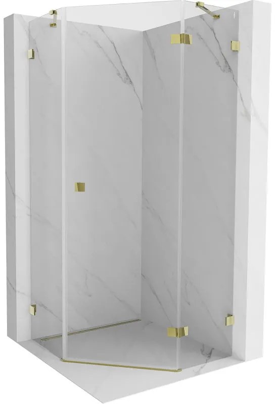 Mexen Lunar, výklopný päťuholníkový sprchový kút pravý 90 x 90 cm, 8mm číre sklo, zlatý profil, 831-090P-090L-50-00-P