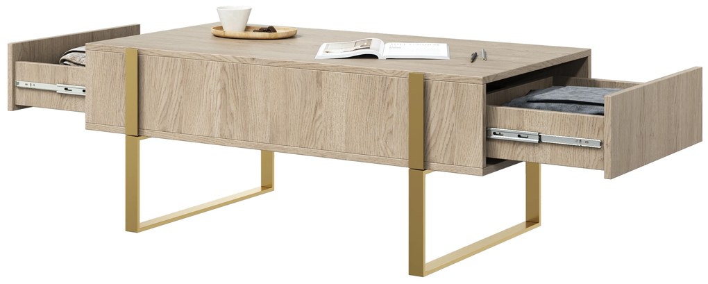Konferenčný stolík Verica so zásuvkami 120 cm - dub piškótový / zlaté nožičky
