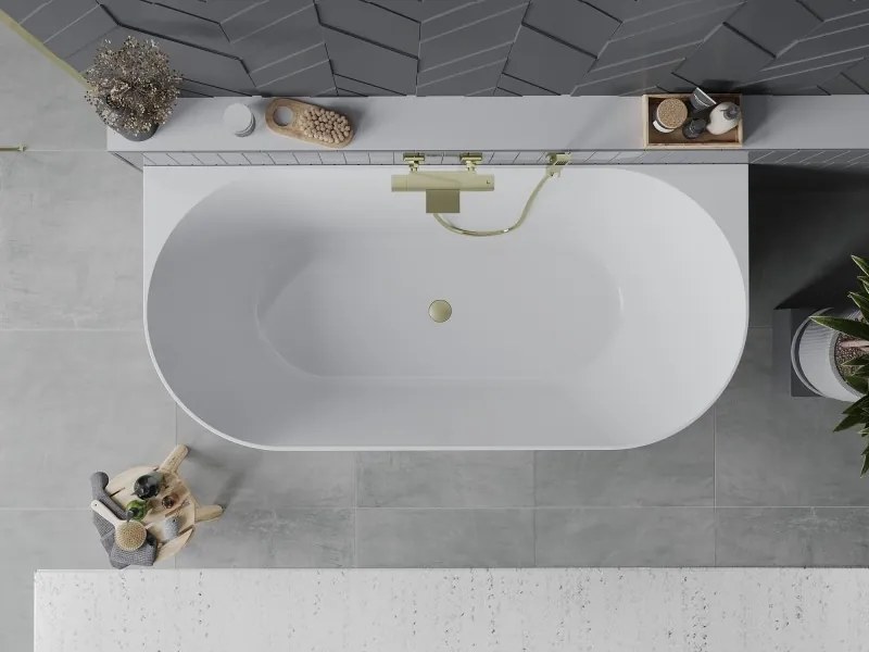 Mexen Oval Slim, voľne stojaca vaňa ku stene, 170 x 80 cm, biela-čierna, zlatý matný prepad, 52661708075-55