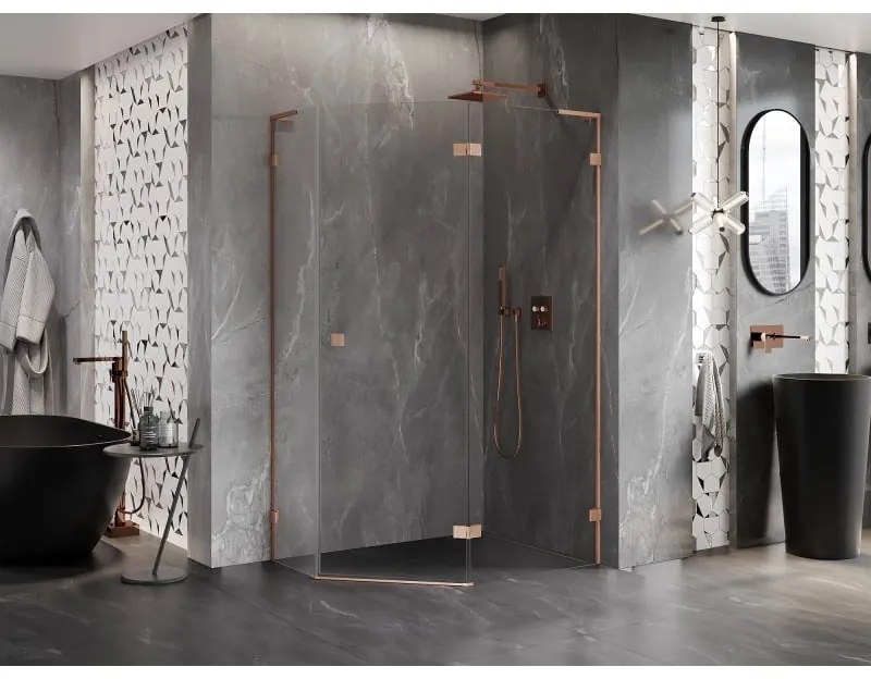 Mexen Lunar, L pravý výklopný päťuholníkový sprchový kút 100 x 80 cm, 8mm číre sklo, profil medená matná, 831L-100P-080L-65-00-P