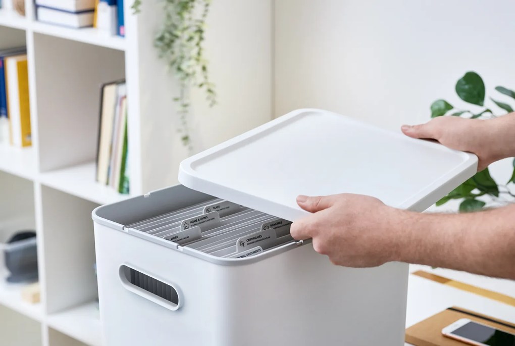 Úložný box na dokumenty, na archiváciu + 10 závesných zakladačov, myPAPER BOX - biely