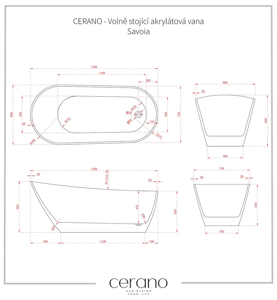 Cerano Savoia, voľne stojaca akrylátová vaňa 170x80 cm, biela, CER-CER-413636