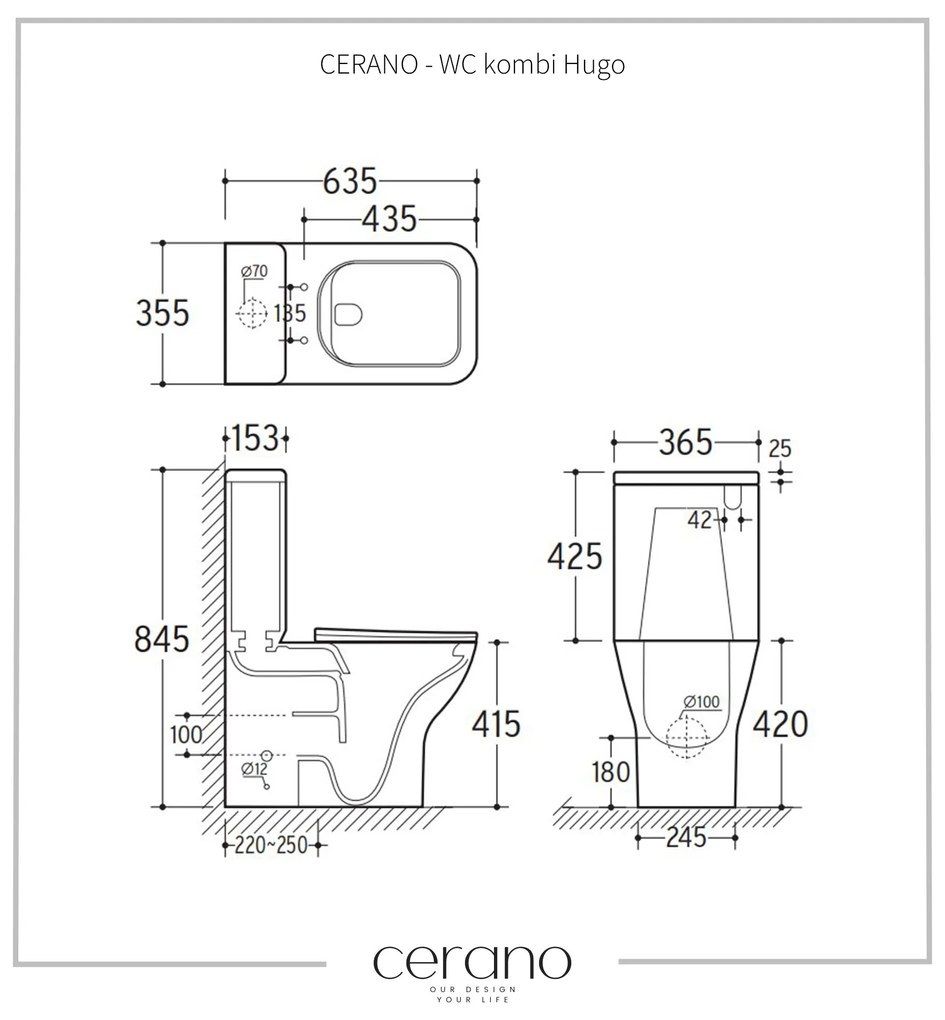 CERANO - WC kombi Hugo, Rimless + UF sedátko - biela lesklá, CER-CER-538759