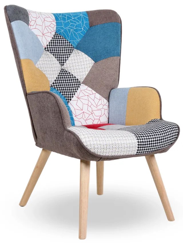 Kreslo ušiak CORDU + taburet — masív, látka, prírodná / patchwork