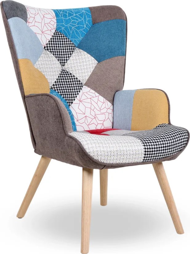 Kreslo ušiak LUGO — masív, látka, prírodná / patchwork