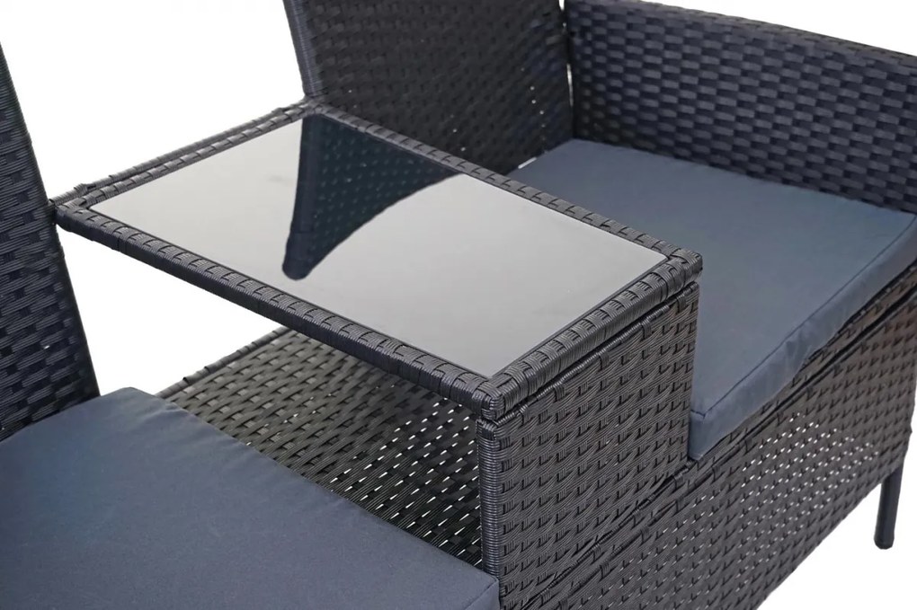 Záhradná lavica so stolíkom E24 - umelý ratan, 132cm - Čierna, sedáky tmavosivá