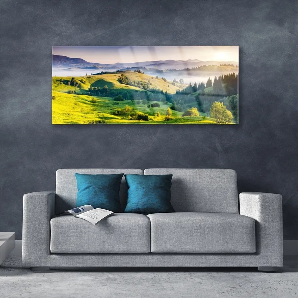Obraz na akrylátovom skle Hora pole hmla príroda 125x50 cm