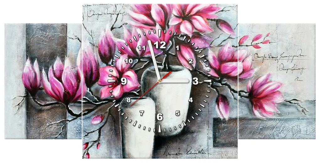 Gario Obraz s hodinami Ružové magnólie vo váze - 3 dielny Rozmery: 90 x 70 cm