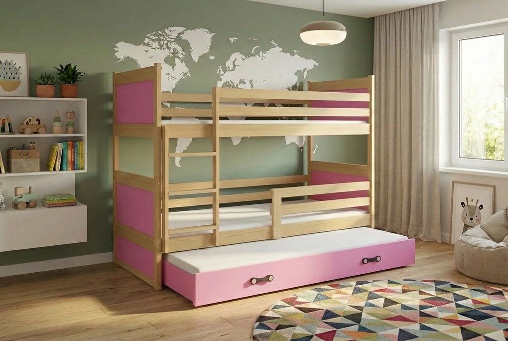 Poschodová posteľ s prístelkou RICO 3 190x90 Borovica - Ružová