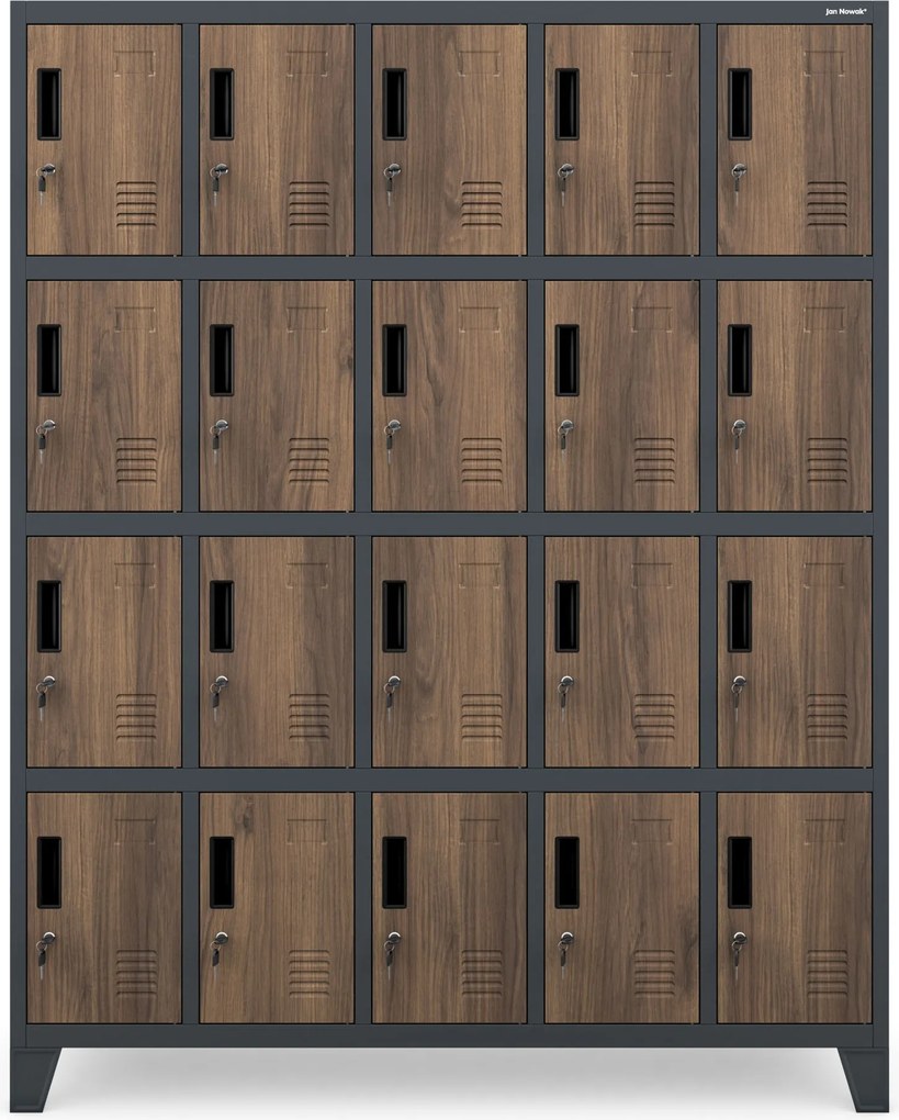 Šatňová skrinka s 20 priehradkami na nožičkách, antracitová/orechová, 1360x1720x450 mm: ROBERT Eco Design