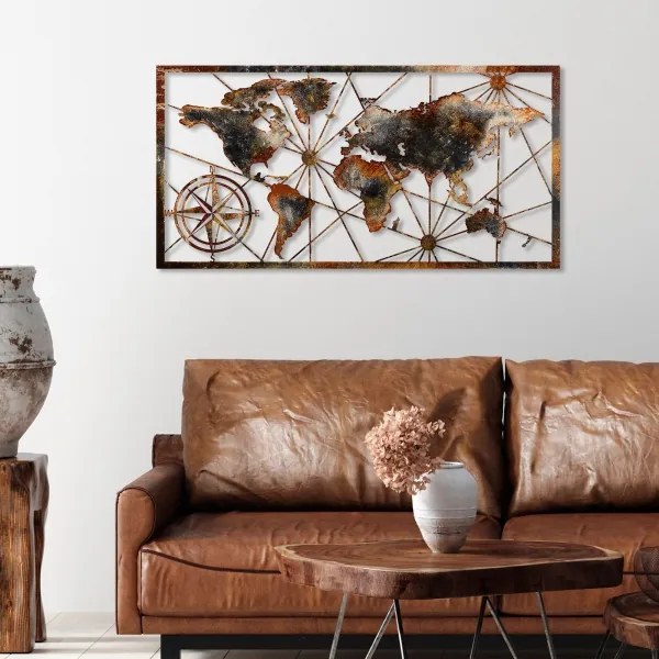 Nástenná dekorácia 120x60 cm mapa sveta kov