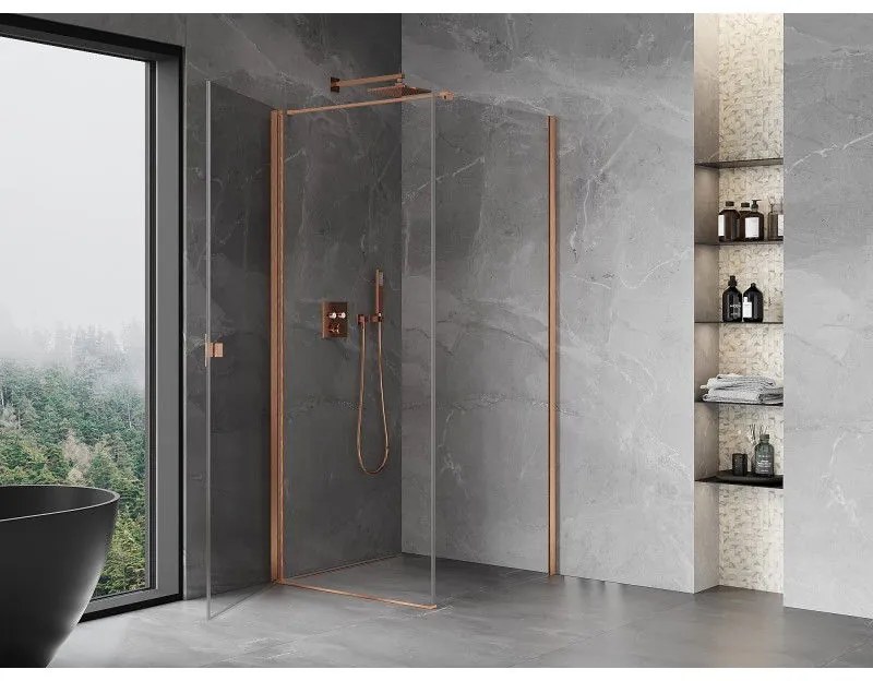 Mexen Mist-B, 1-krídlový výklopný sprchový kút 75 x 75 cm, číre sklo, medený matný profil, 8A2T-075-075-65-00