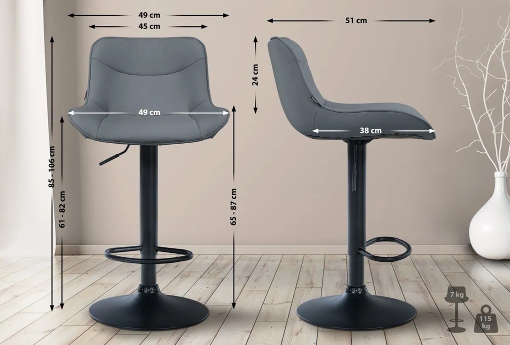 2x Barová stolička Vonore - koženka, čierny rám - Sivá